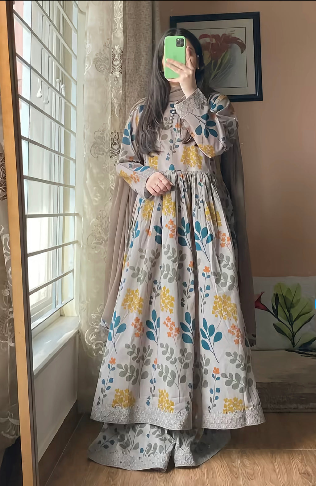 3 Piece - Lawn Printed Dress With Sharara