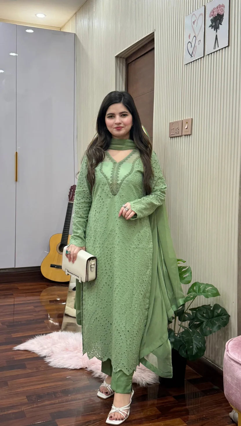 Pastel Green Eyelet Embroidered 3-Piece Suit