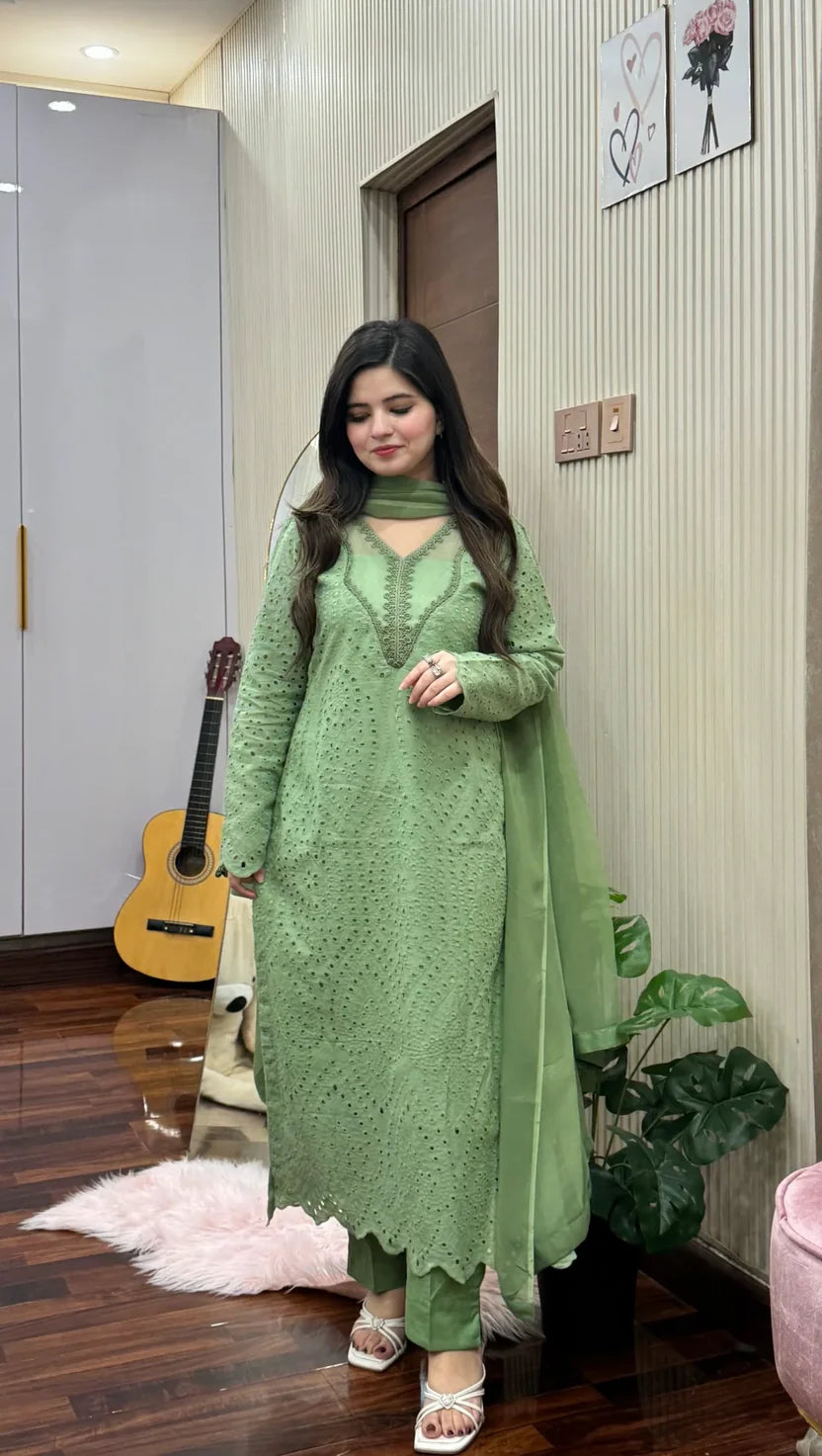 Pastel Green Eyelet Embroidered 3-Piece Suit