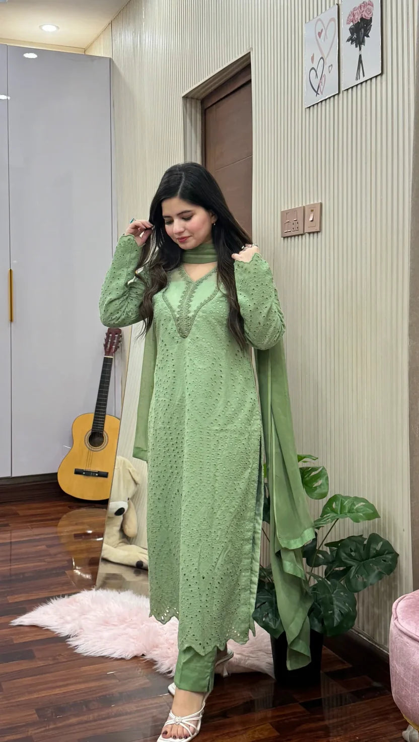 Pastel Green Eyelet Embroidered 3-Piece Suit