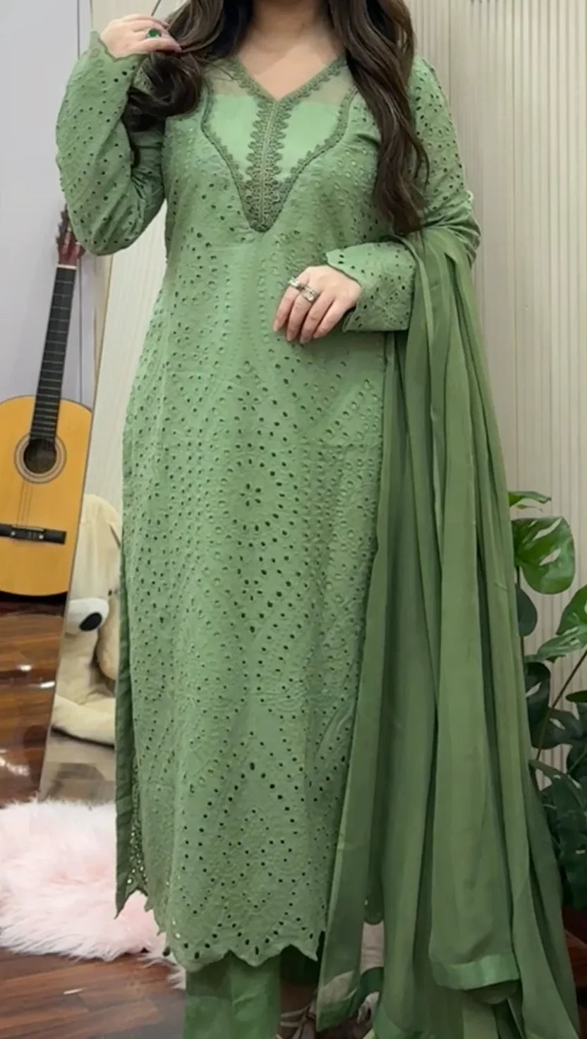 Pastel Green Eyelet Embroidered 3-Piece Suit